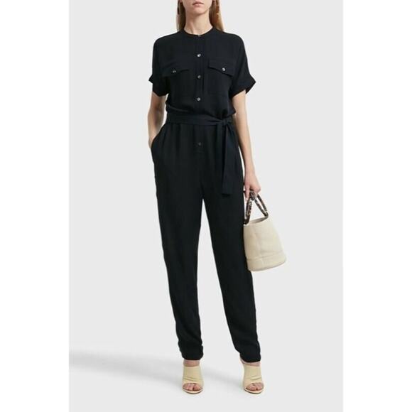 Theory Black Silk Jumpsuit Short Sleeve Tie Waist Button Front Womens Size 4 - Picture 1 of 9